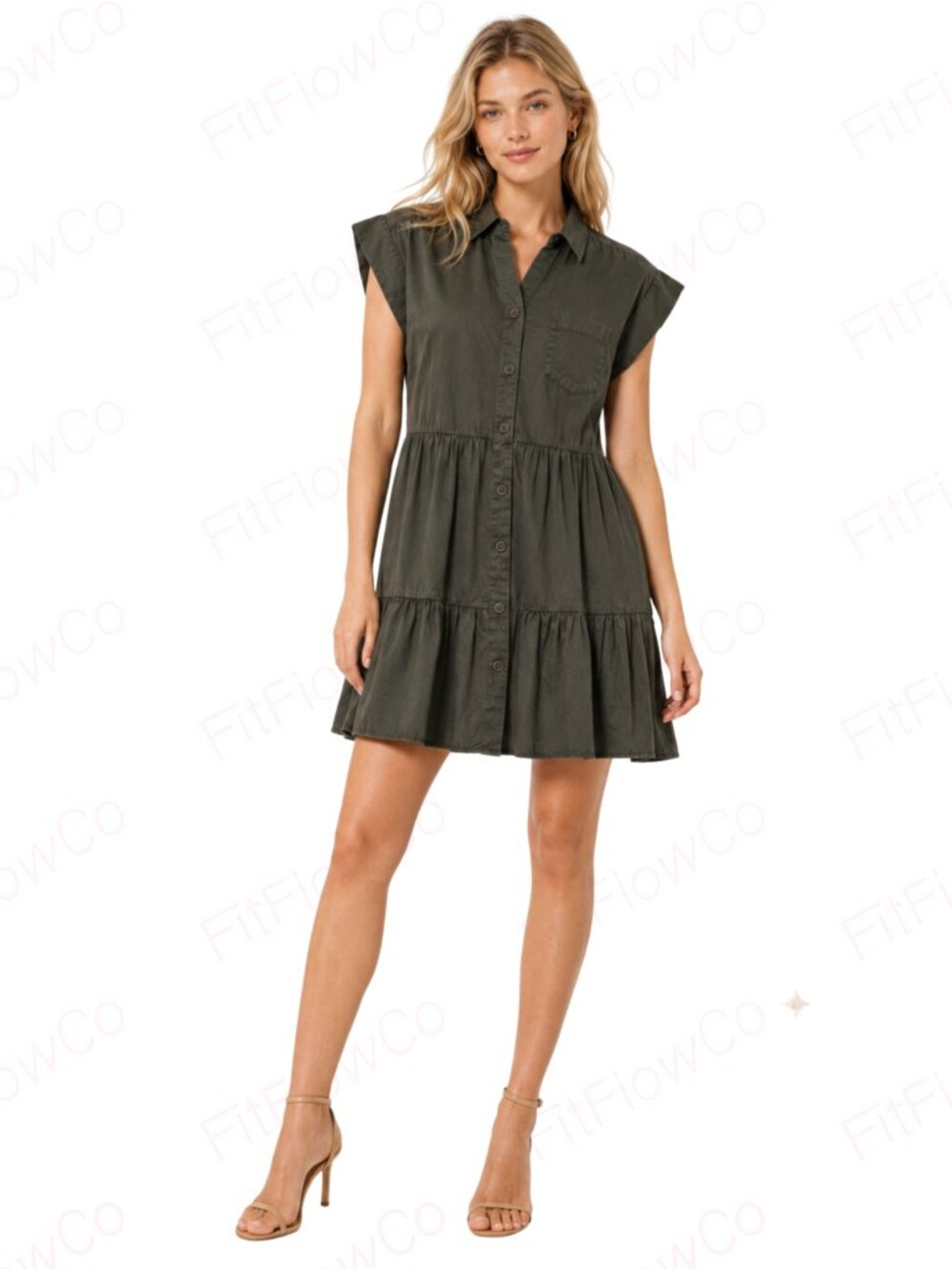 NWT Tommy Hilfiger Olive Green Cotton Tiered Shirt Dress Size 4 Pockets